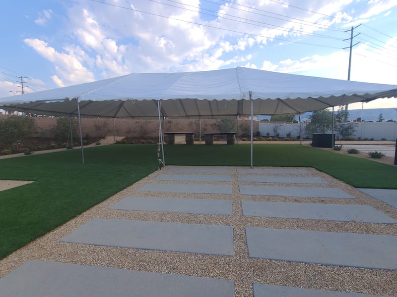 Outdoor wedding ceremony setup poolside